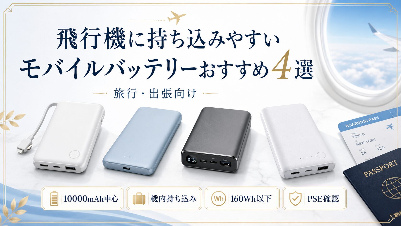飛行機に持ち込みやすいモバイルバッテリーおすすめ4選。旅行や出張向けに10000mAh、160Wh以下、PSE、預け荷物NGを説明する画像。